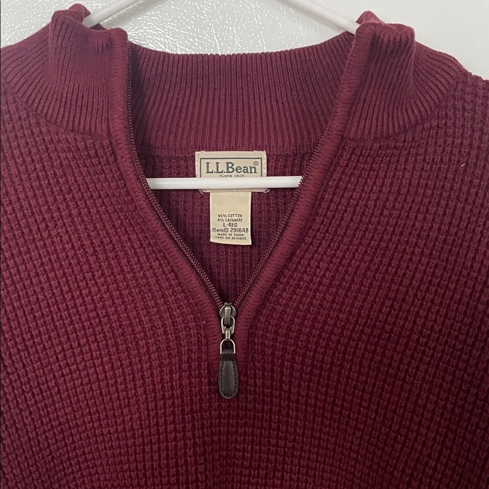 L.L. Bean Men's Large Regular Cotton Cashmere Deep Red Fourth‎ Zip-Up Sweater
